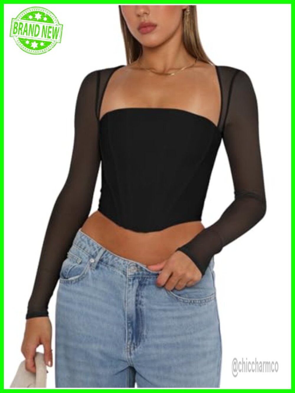 REORIA Women's Sexy Mesh Long Sleeve Boned Corset Bustier Y2K Crop Top